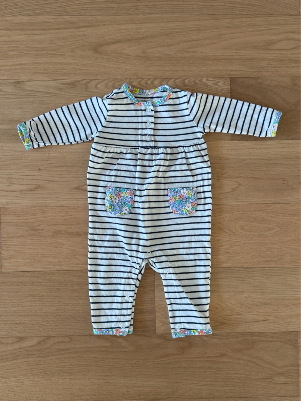 Vintage Carter’s 3 month Striped Baby One-Piece with Floral Pockets